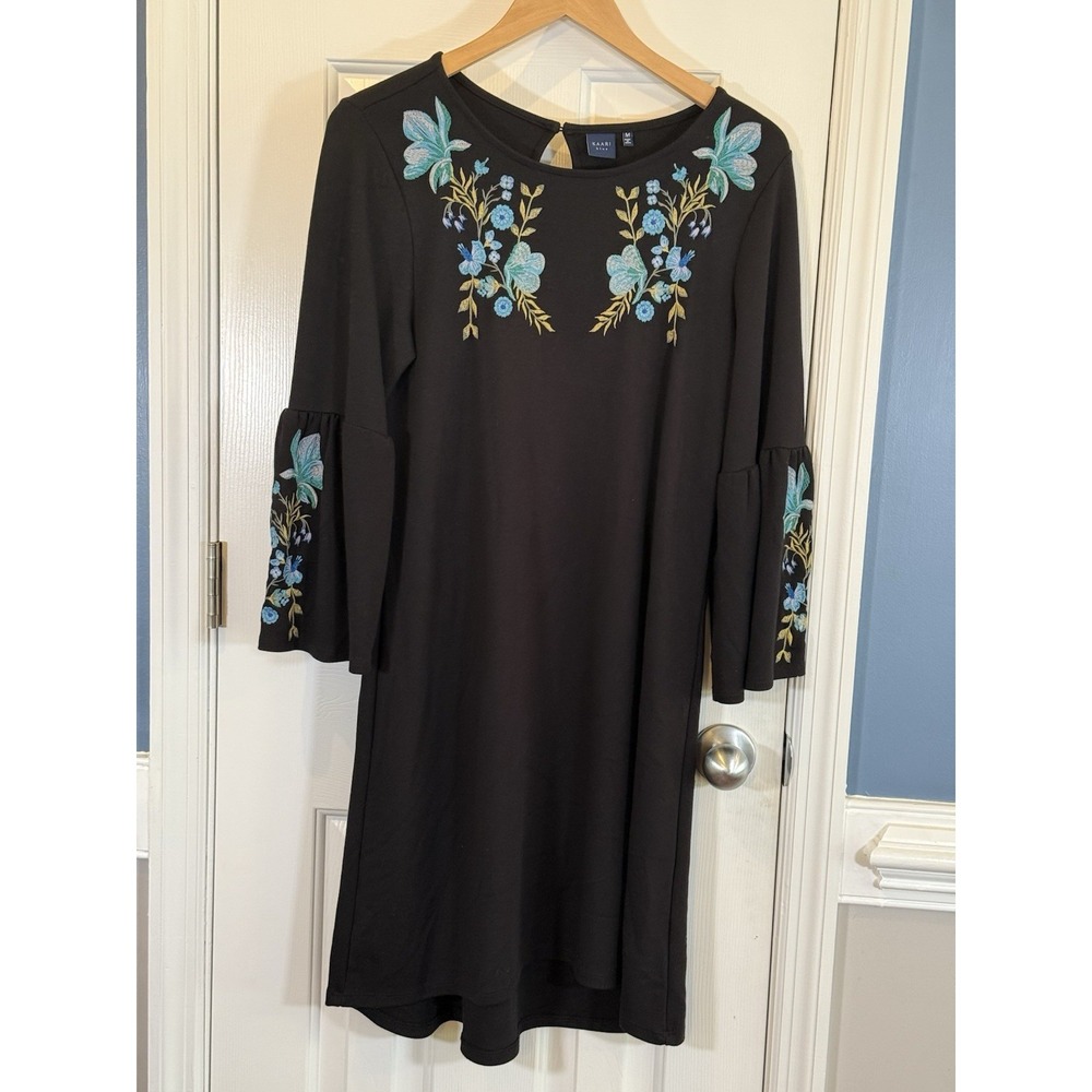 Kaari Blue Floral‎ Embroidery Boho Cottage Feminine Black Dress M Casual Work